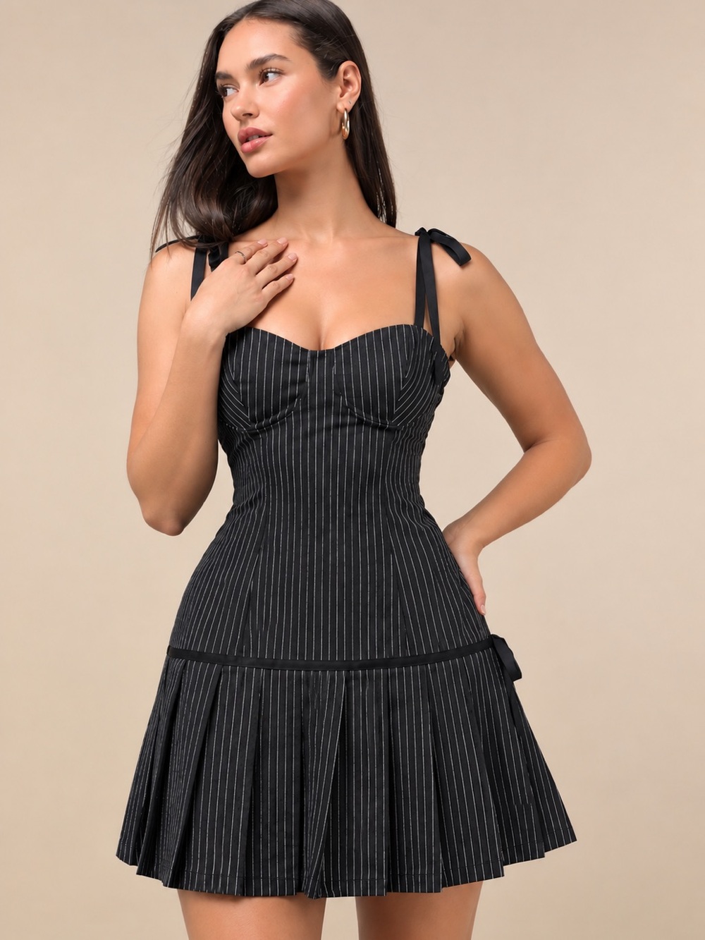 Lulu's Y2K Black Pinstripe Tie-Shoulder Dress S